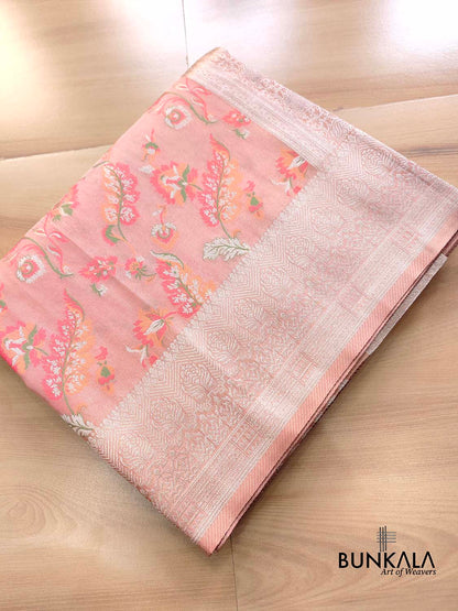 Peach Meenakari Floral Leaf Jaal Weaved Banarasi Tissue Silk Saree