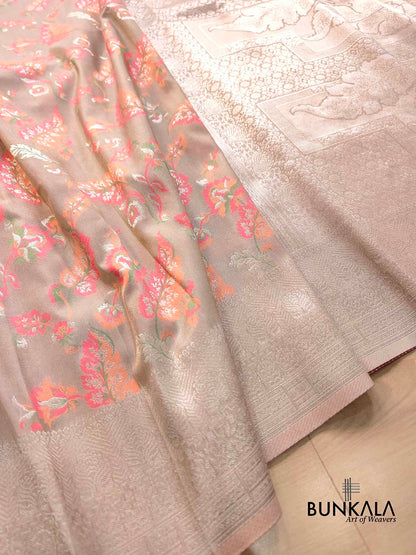 Pastel Grey Meenakari Floral Leaf Jaal Weaved Banarasi Tissue Silk Saree