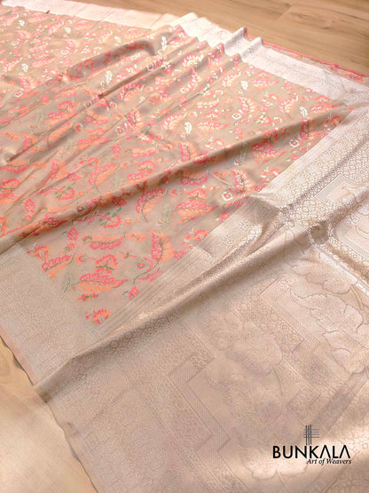 Pastel Grey Meenakari Floral Leaf Jaal Weaved Banarasi Tissue Silk Saree