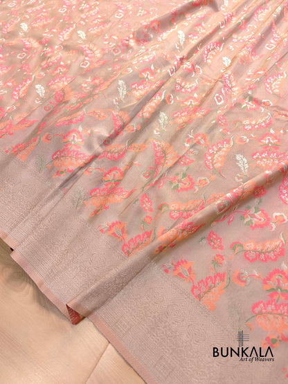 Pastel Grey Meenakari Floral Leaf Jaal Weaved Banarasi Tissue Silk Saree