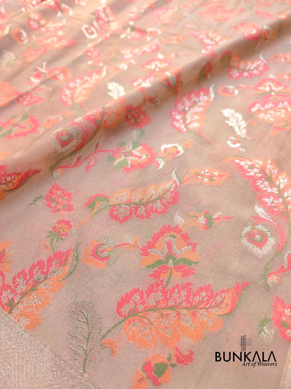 Pastel Grey Meenakari Floral Leaf Jaal Weaved Banarasi Tissue Silk Saree