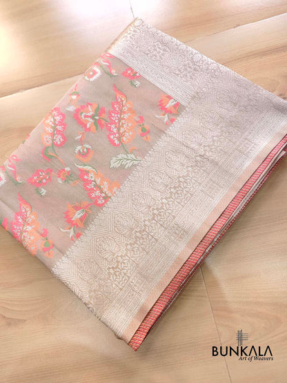 Pastel Grey Meenakari Floral Leaf Jaal Weaved Banarasi Tissue Silk Saree