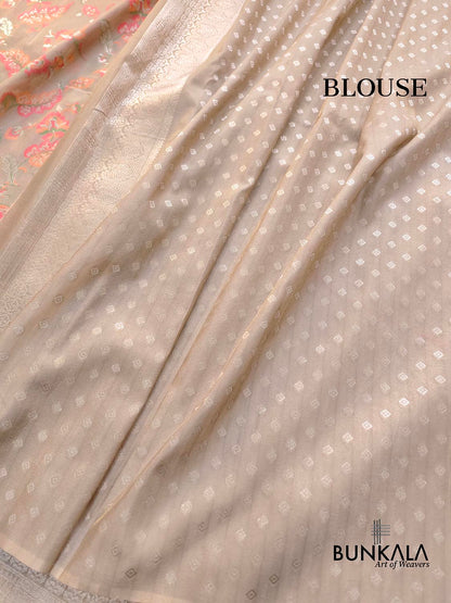Pastel Grey Meenakari Floral Leaf Jaal Weaved Banarasi Tissue Silk Saree
