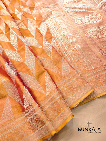 Orange Dual Shade Zig Zag Geometric Design Weaved Banarasi Tissue Silk Saree