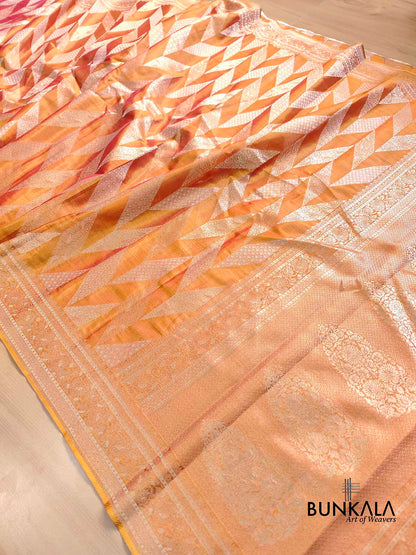 Orange Dual Shade Zig Zag Geometric Design Weaved Banarasi Tissue Silk Saree