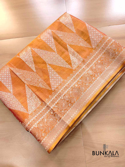 Orange Dual Shade Zig Zag Geometric Design Weaved Banarasi Tissue Silk Saree