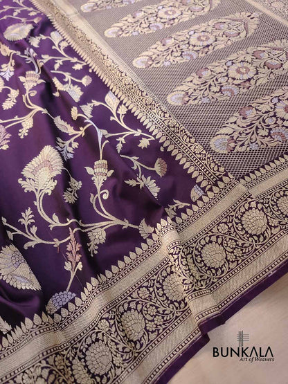 Dark Purple Floral Jaal Sona Rupa Weaved Banarasi Silk Saree