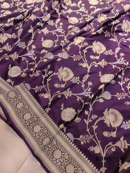 Dark Purple Floral Jaal Sona Rupa Weaved Banarasi Silk Saree