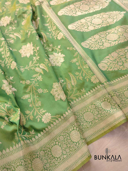Lime Light Green Floral Jangla Weaved Banarasi Silk Saree