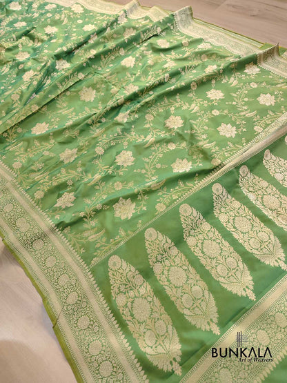 Lime Light Green Floral Jangla Weaved Banarasi Silk Saree