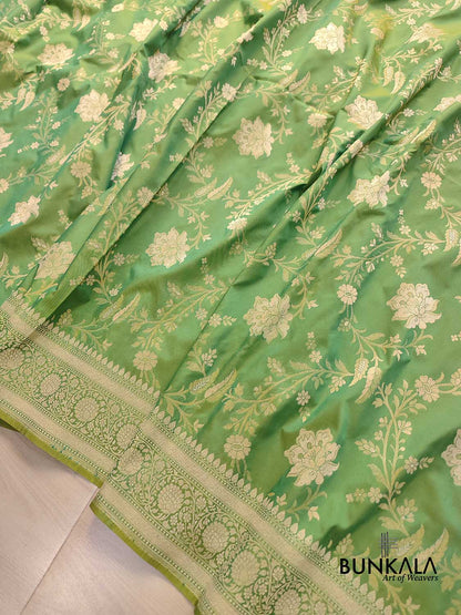 Lime Light Green Floral Jangla Weaved Banarasi Silk Saree