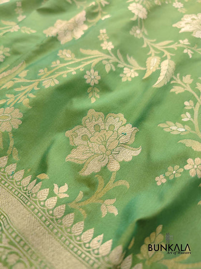 Lime Light Green Floral Jangla Weaved Banarasi Silk Saree