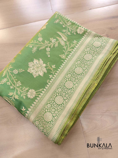 Lime Light Green Floral Jangla Weaved Banarasi Silk Saree