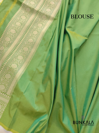 Lime Light Green Floral Jangla Weaved Banarasi Silk Saree