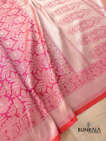 Coral Pink Big Flower Design Weaved Banarasi Silk Saree