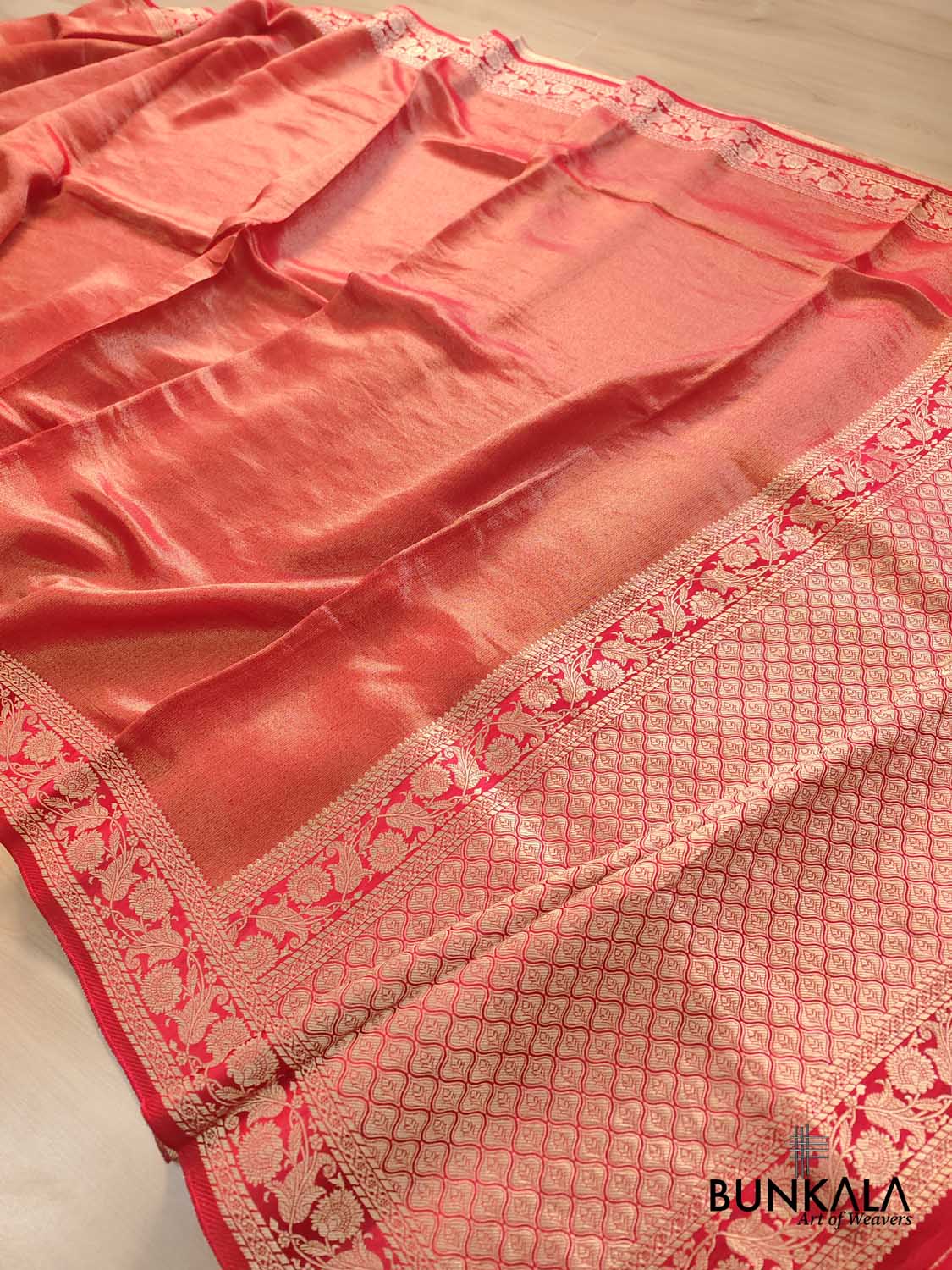 Red Intricate Border Plain Banarasi Tissue Mashru Silk Saree