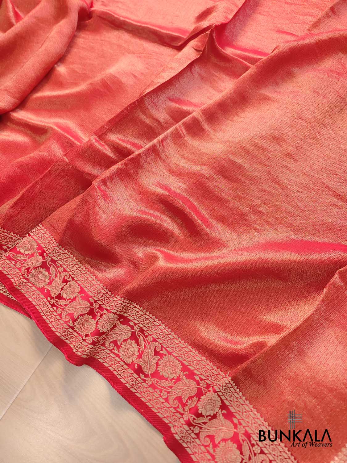 Red Intricate Border Plain Banarasi Tissue Mashru Silk Saree
