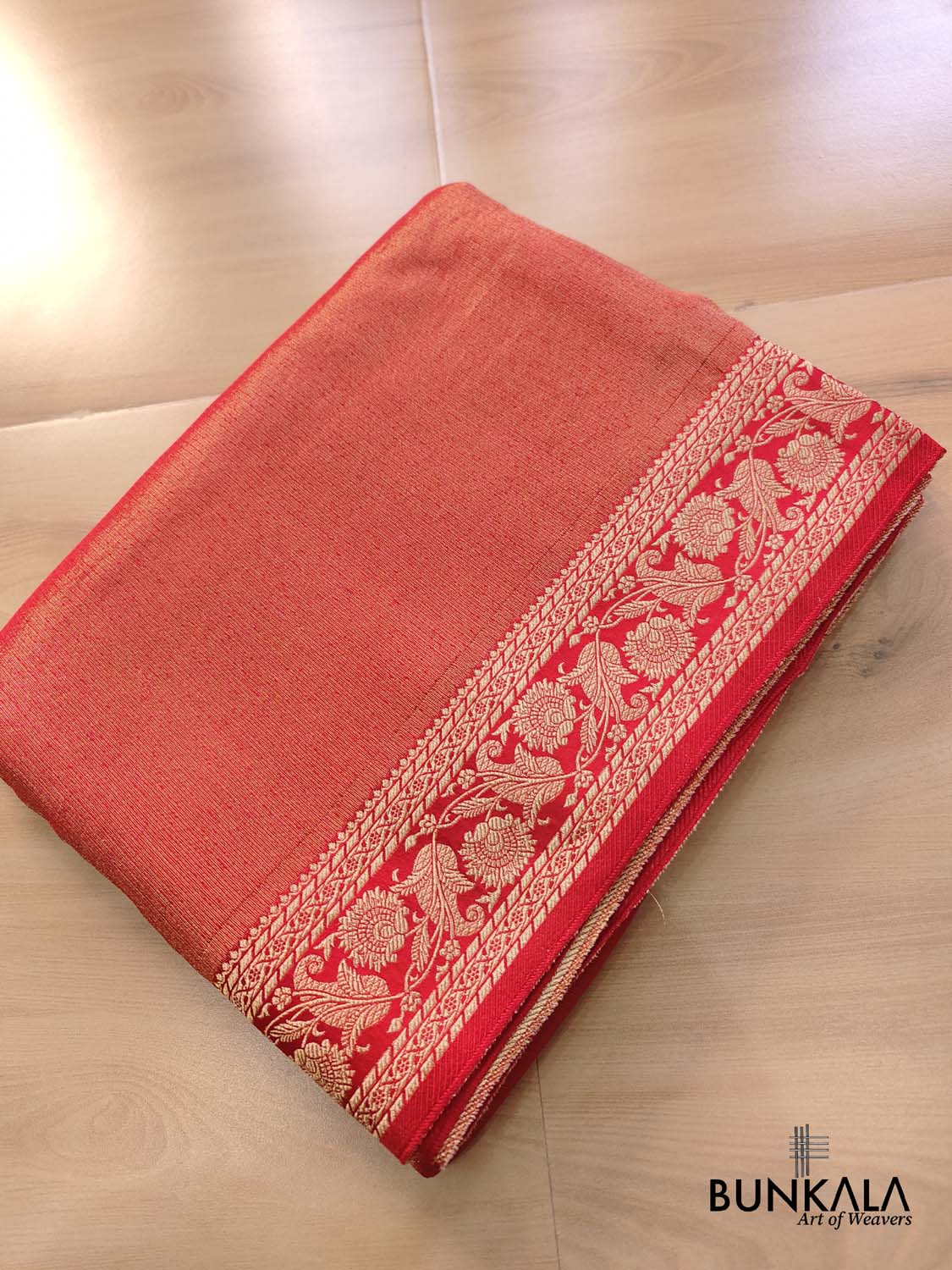 Red Intricate Border Plain Banarasi Tissue Mashru Silk Saree