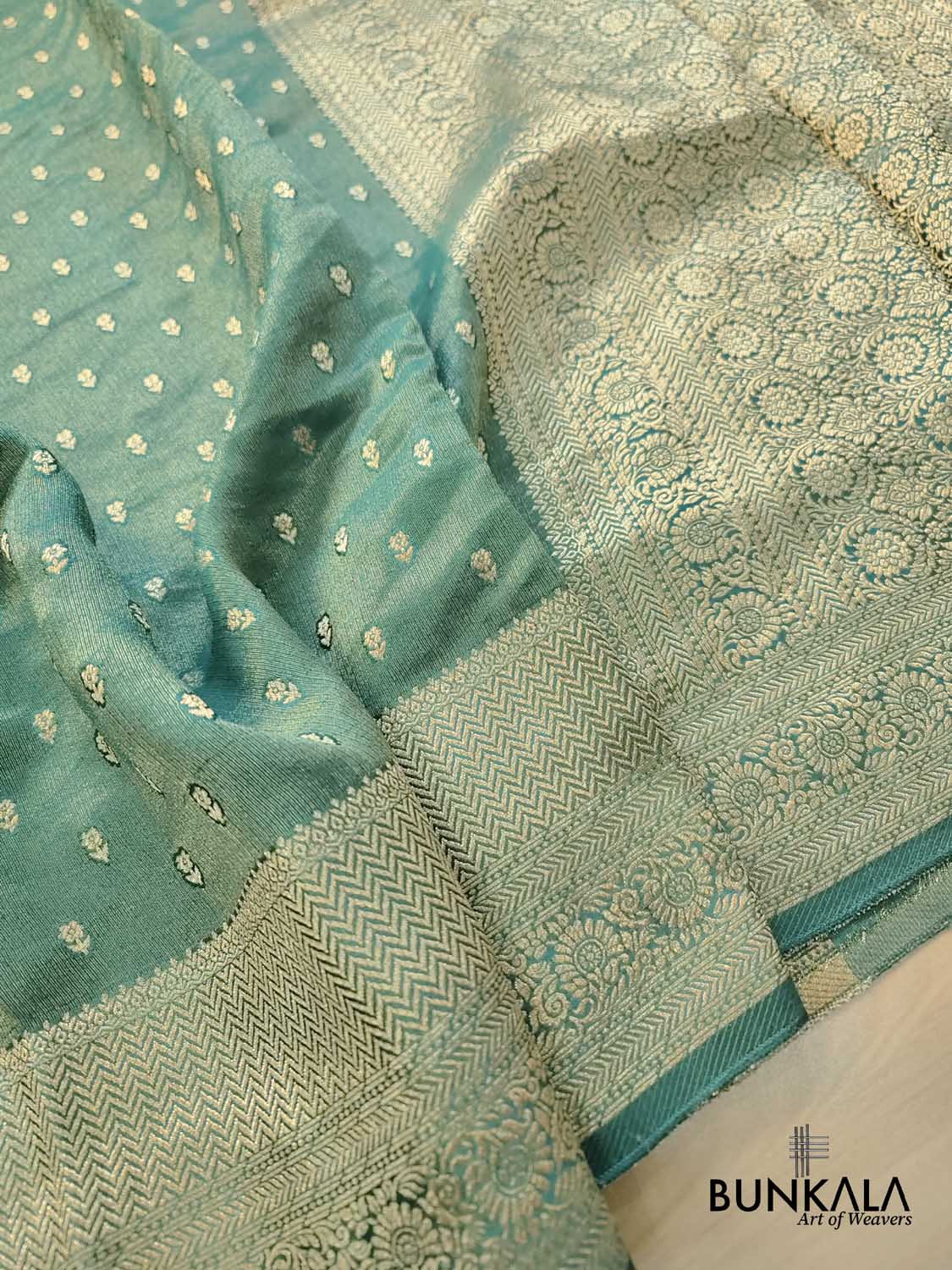 Aqua Green Small Buti Banarasi Tissue Mashru Silk Saree