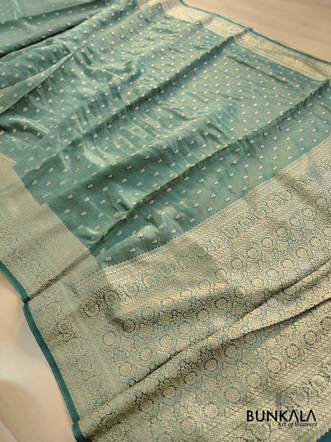 Aqua Green Small Buti Banarasi Tissue Mashru Silk Saree