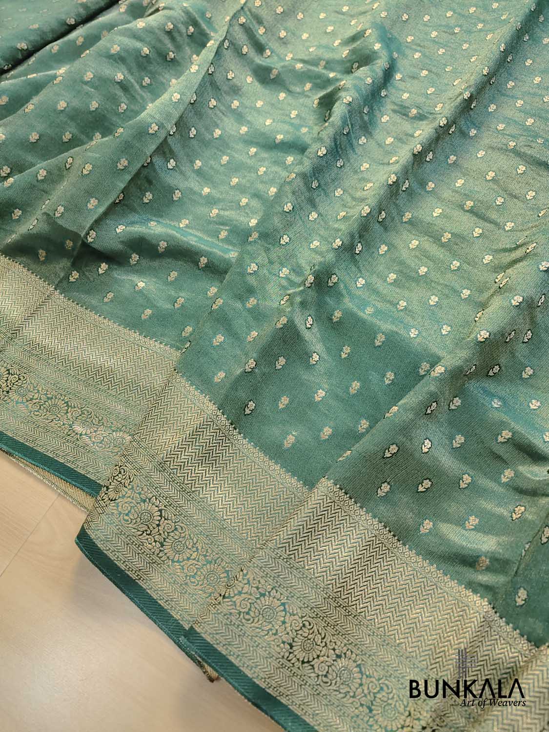 Aqua Green Small Buti Banarasi Tissue Mashru Silk Saree