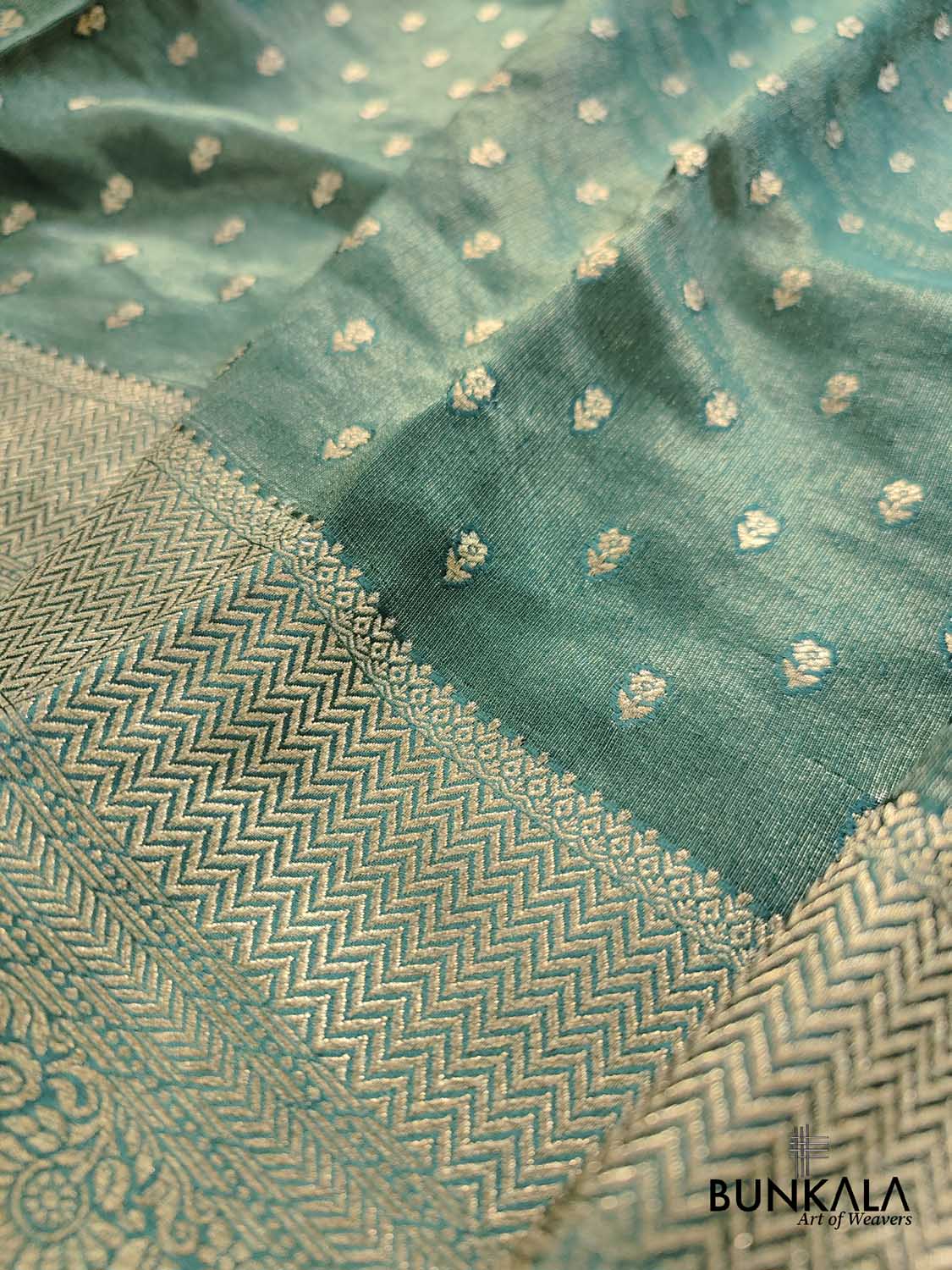 Aqua Green Small Buti Banarasi Tissue Mashru Silk Saree