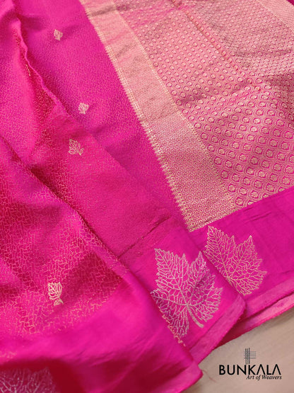 Hot Pink Leaf Buta Geometric Tanchui Banarasi Tissue Mashru Silk Saree