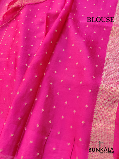 Hot Pink Leaf Buta Geometric Tanchui Banarasi Tissue Mashru Silk Saree