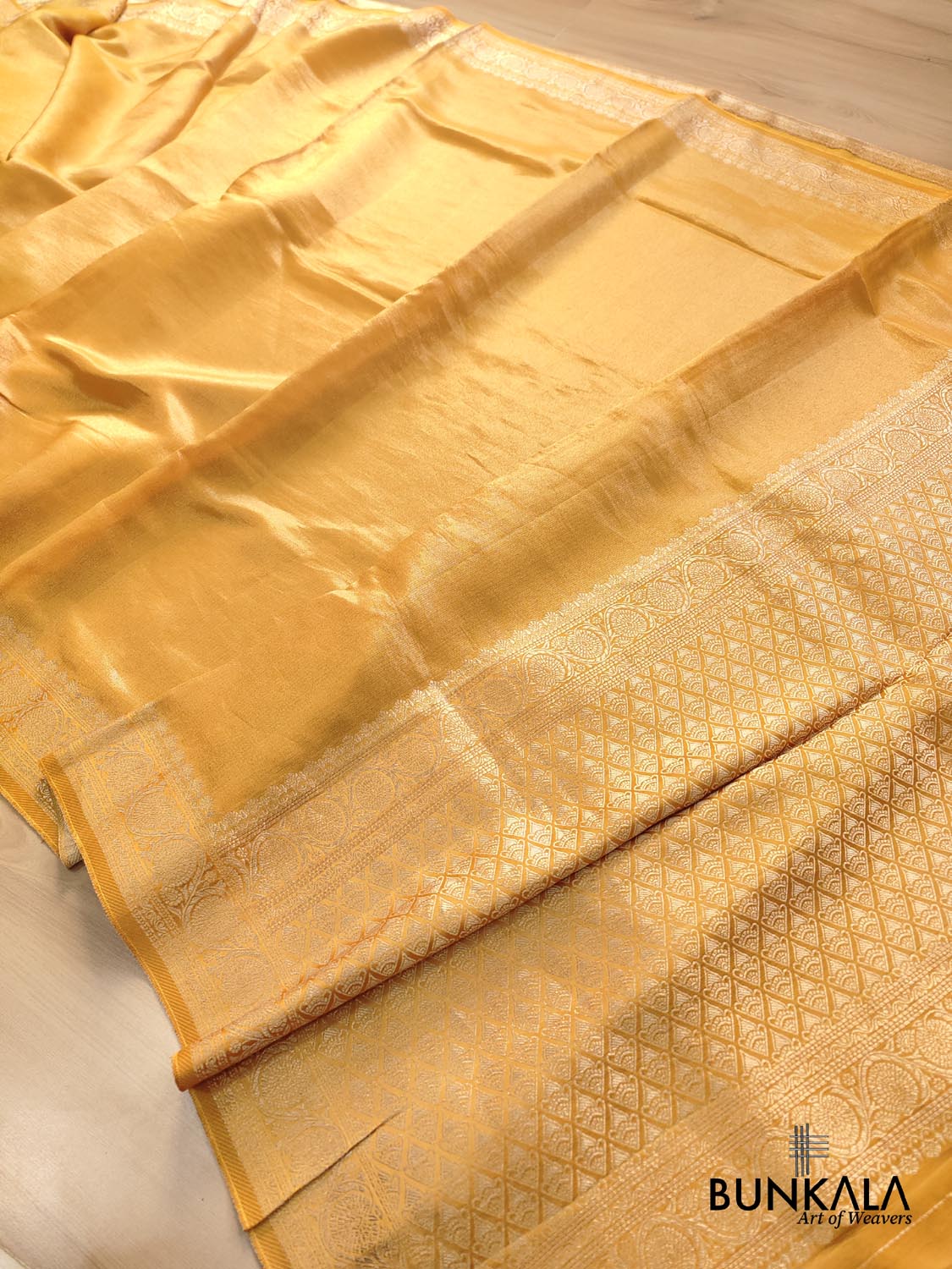 Golden Yellow Plain Banarasi Tissue Mashru Silk Saree