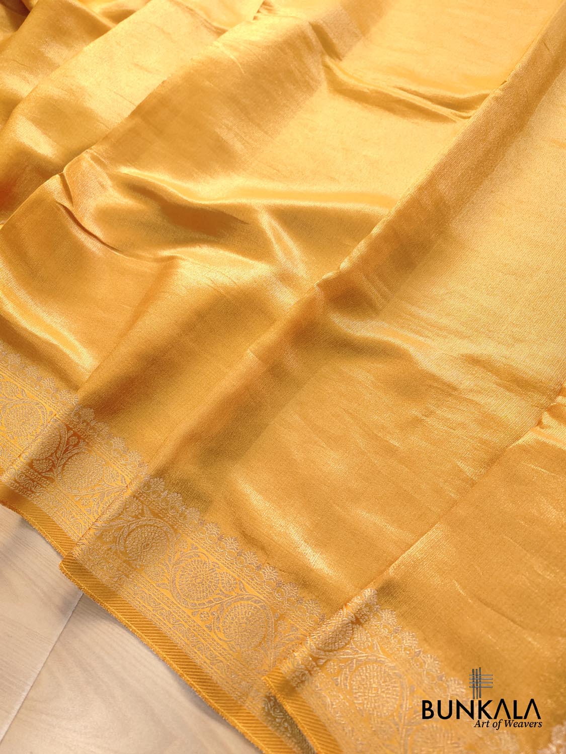 Golden Yellow Plain Banarasi Tissue Mashru Silk Saree