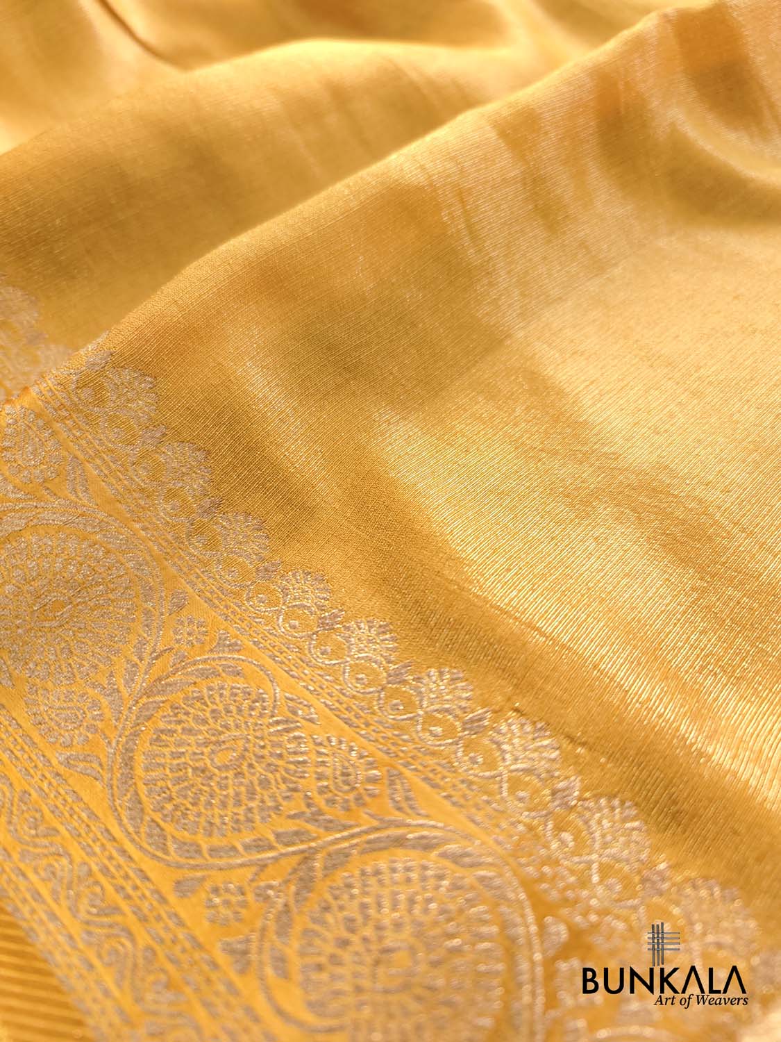 Golden Yellow Plain Banarasi Tissue Mashru Silk Saree