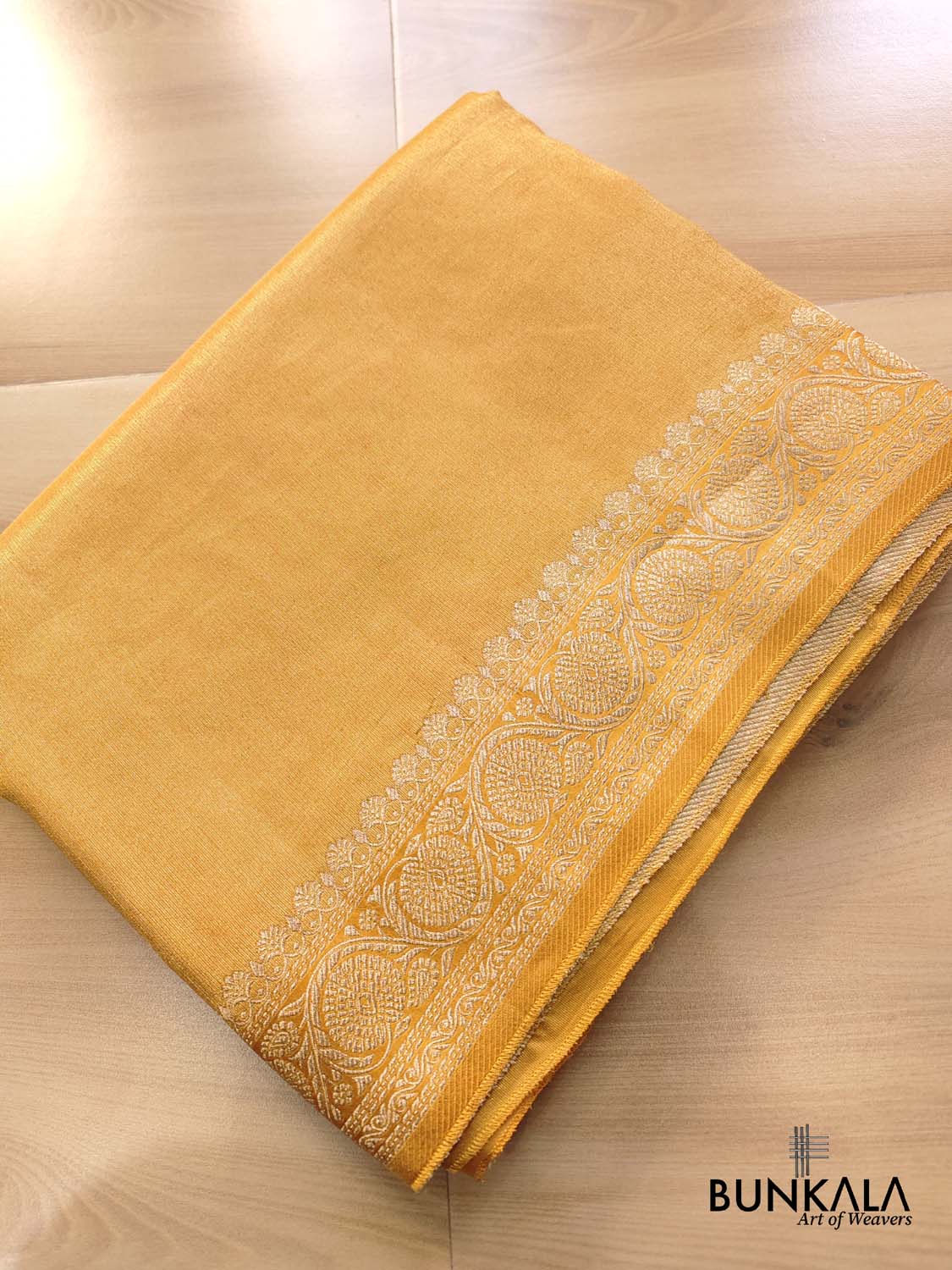 Golden Yellow Plain Banarasi Tissue Mashru Silk Saree