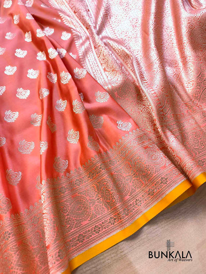 Bright Peach Small Motif Weaved Banarasi Mashru Silk Saree