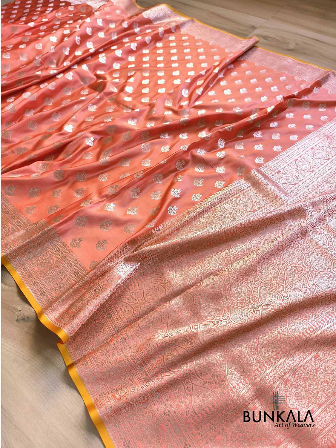 Bright Peach Small Motif Weaved Banarasi Mashru Silk Saree