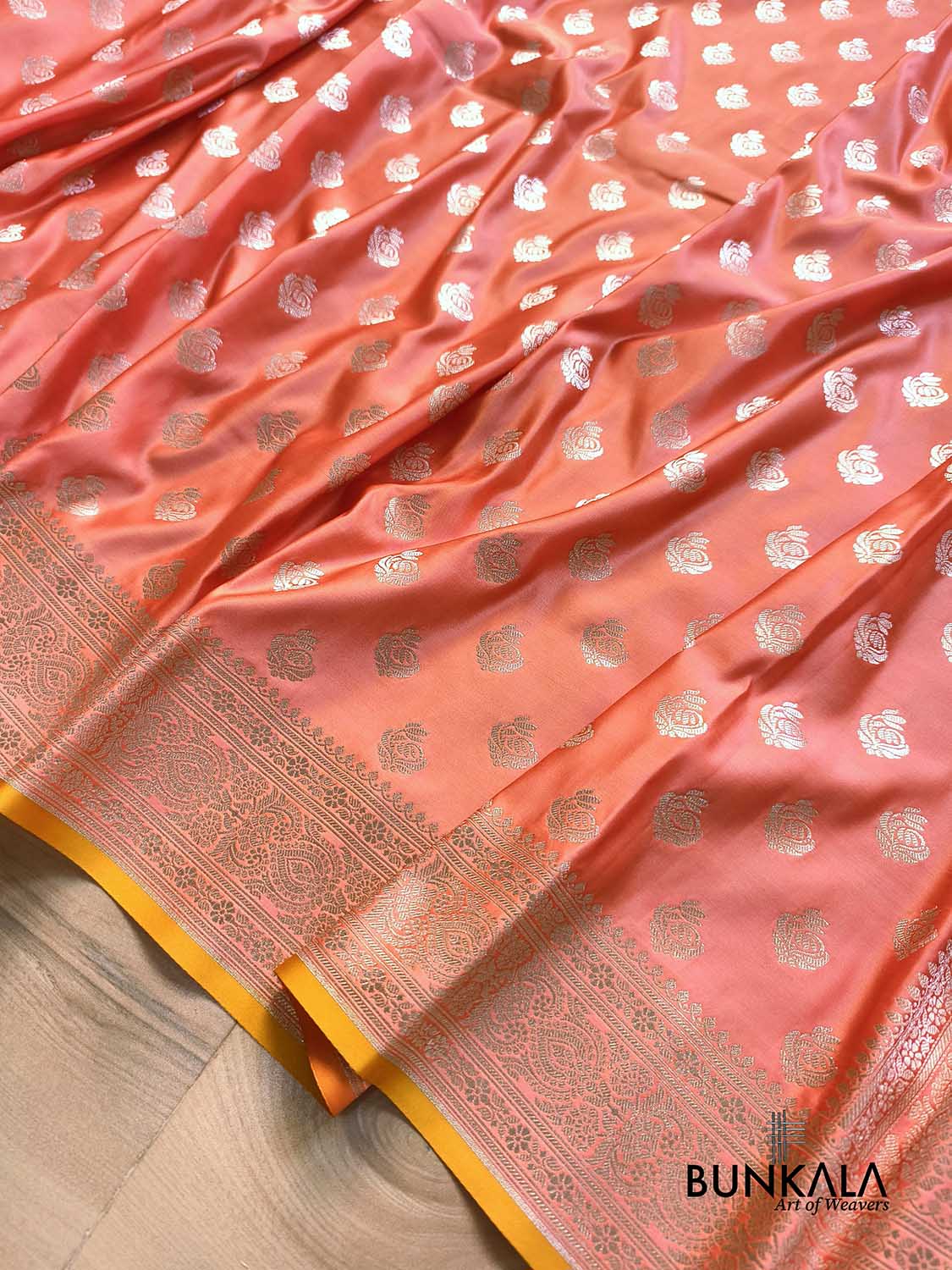 Bright Peach Small Motif Weaved Banarasi Mashru Silk Saree