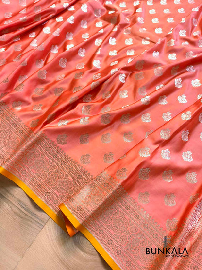Bright Peach Small Motif Weaved Banarasi Mashru Silk Saree