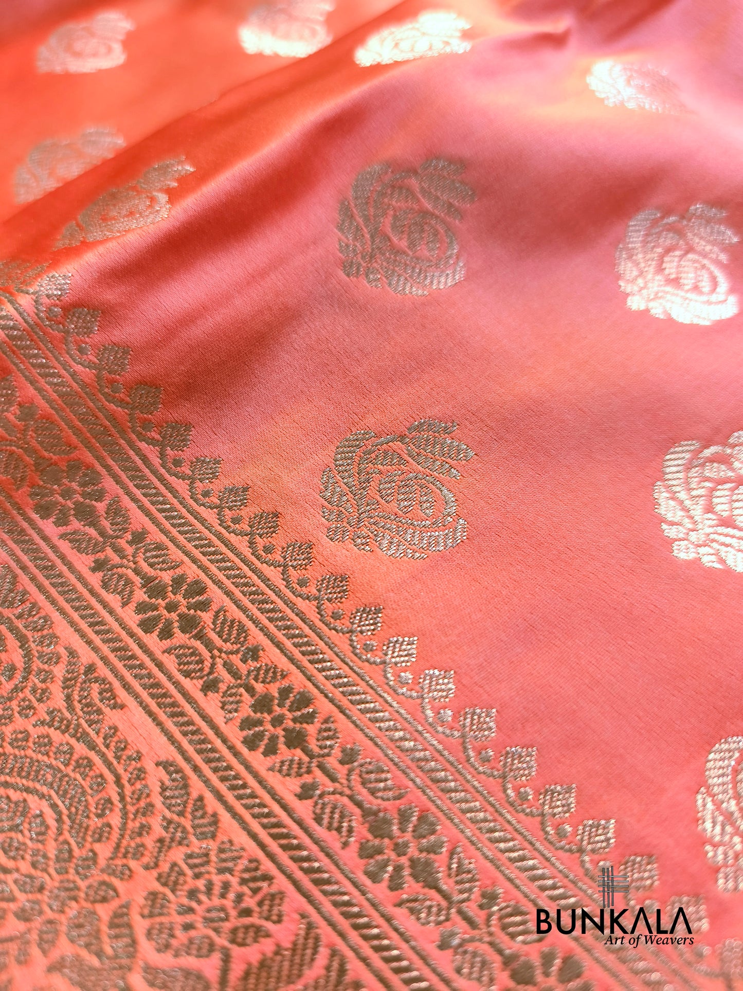 Bright Peach Small Motif Weaved Banarasi Mashru Silk Saree
