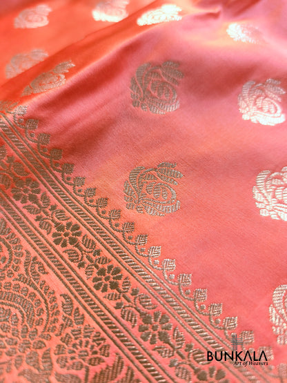 Bright Peach Small Motif Weaved Banarasi Mashru Silk Saree