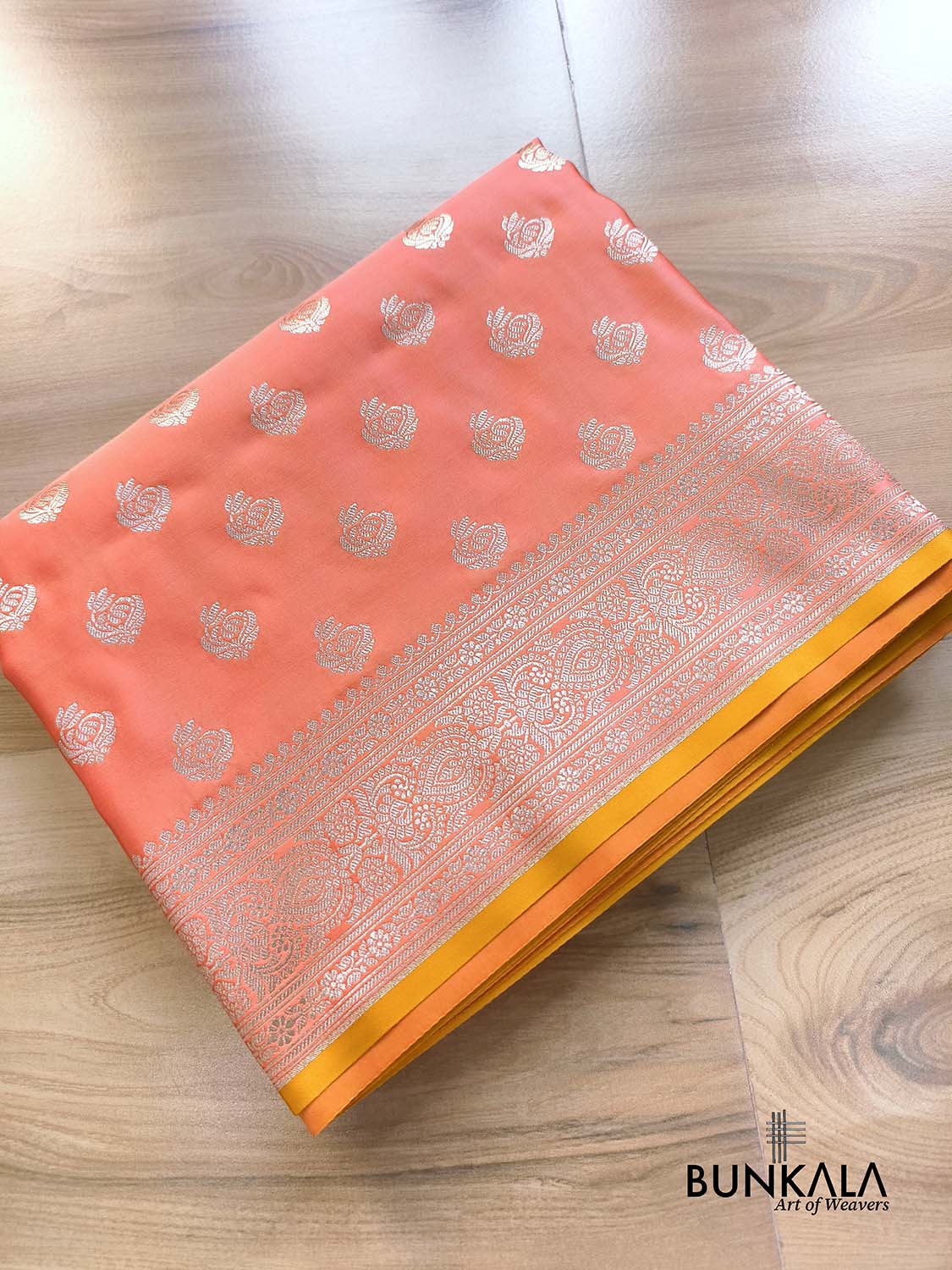 Bright Peach Small Motif Weaved Banarasi Mashru Silk Saree