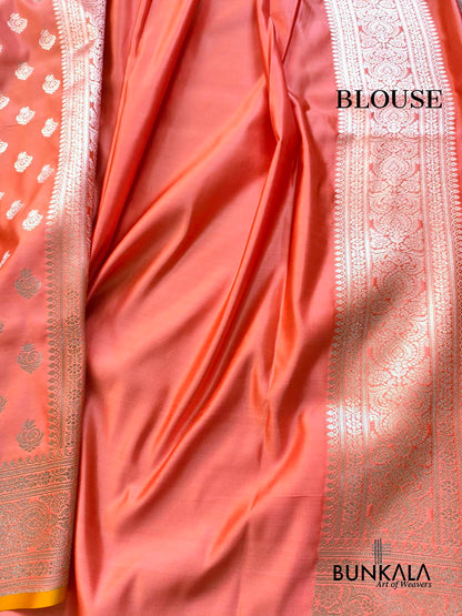 Bright Peach Small Motif Weaved Banarasi Mashru Silk Saree