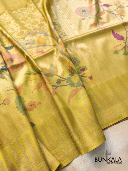 Golden Yellow Paithani Banarasi Floral Meenakari Pallu Weaved Resham Silk Saree