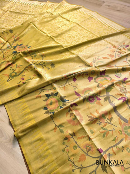 Golden Yellow Paithani Banarasi Floral Meenakari Pallu Weaved Resham Silk Saree