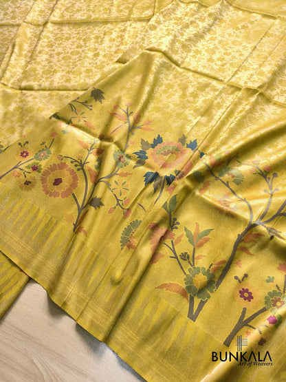 Golden Yellow Paithani Banarasi Floral Meenakari Pallu Weaved Resham Silk Saree