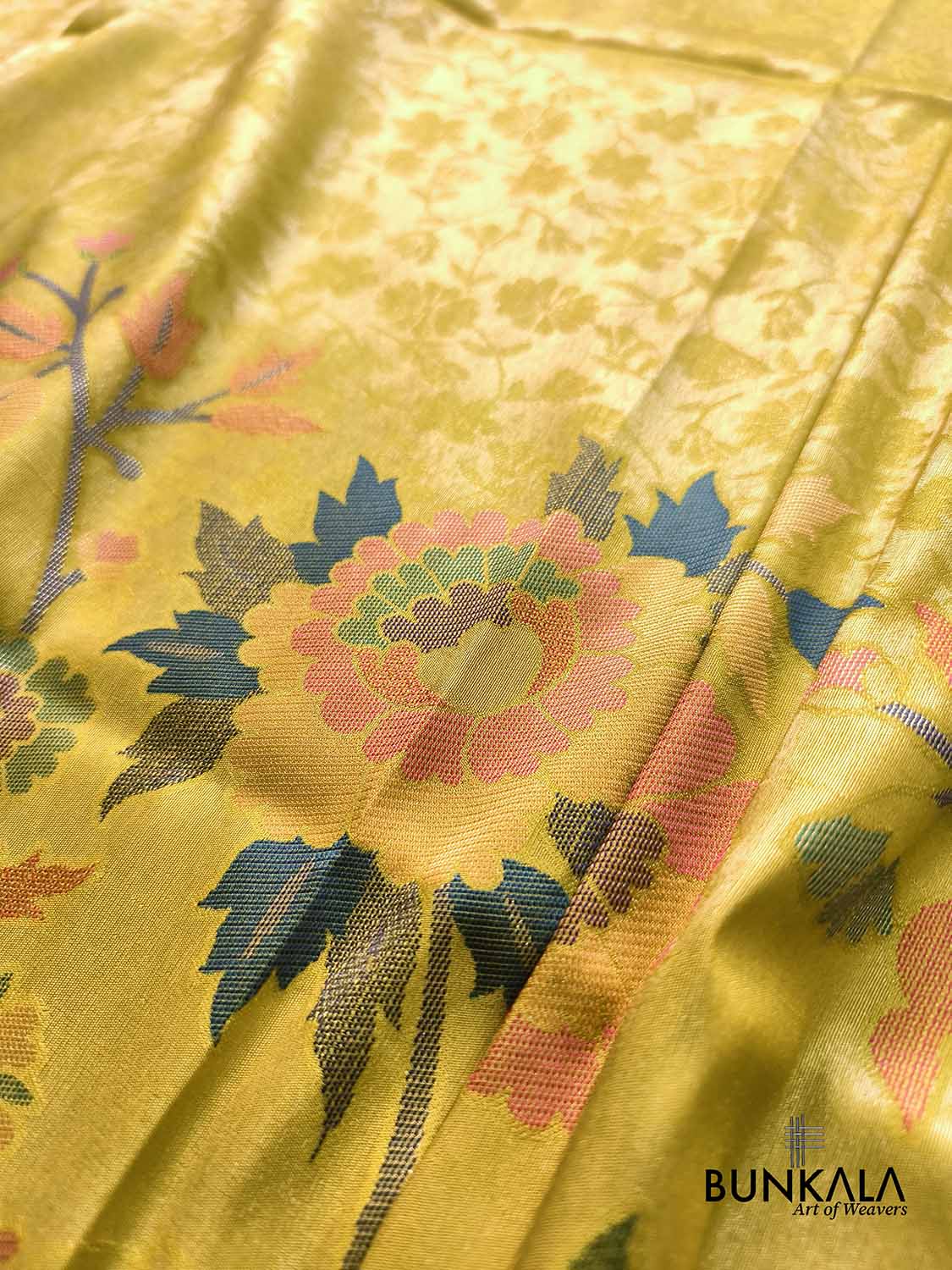 Golden Yellow Paithani Banarasi Floral Meenakari Pallu Weaved Resham Silk Saree