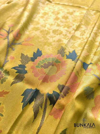 Golden Yellow Paithani Banarasi Floral Meenakari Pallu Weaved Resham Silk Saree
