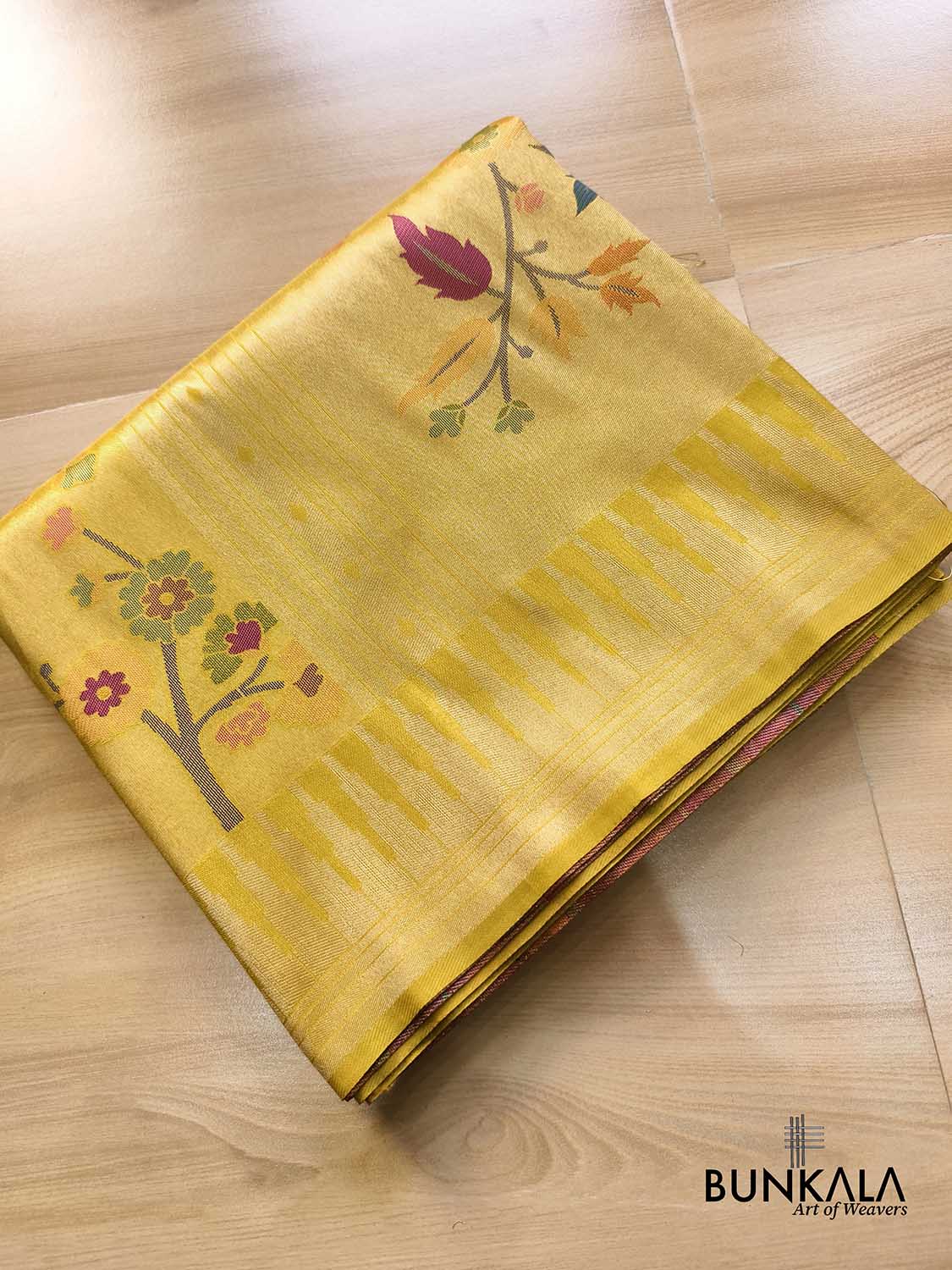 Golden Yellow Paithani Banarasi Floral Meenakari Pallu Weaved Resham Silk Saree