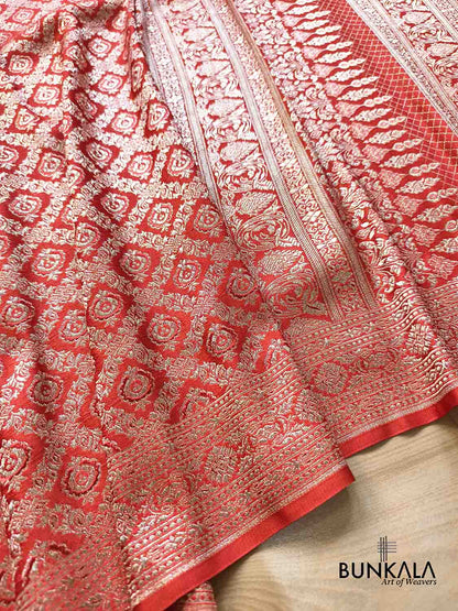 Rust Red Vintage Pattern All Over Jaal Brocade Weaved Banarasi Mashru Silk Saree