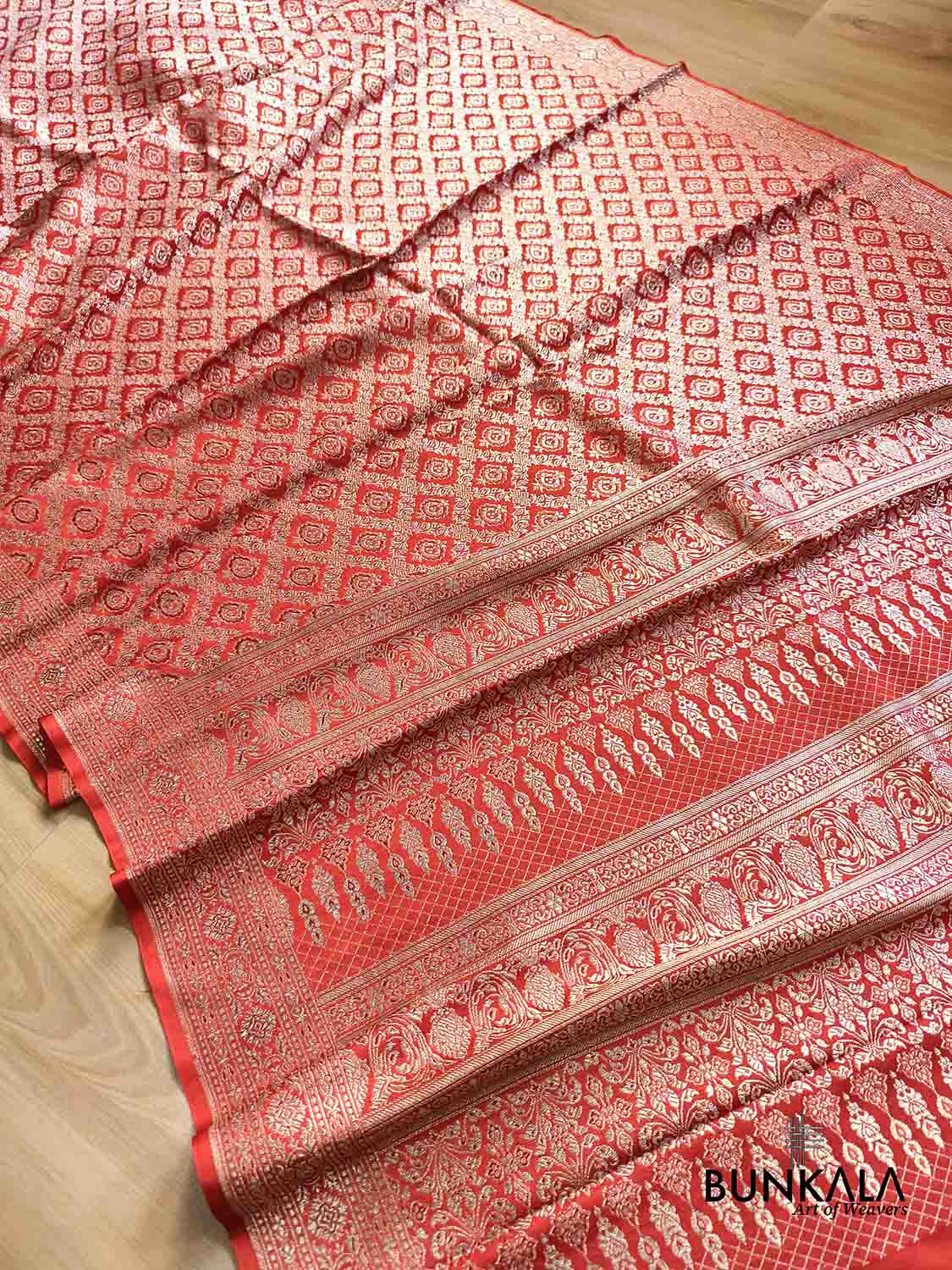 Rust Red Vintage Pattern All Over Jaal Brocade Weaved Banarasi Mashru Silk Saree