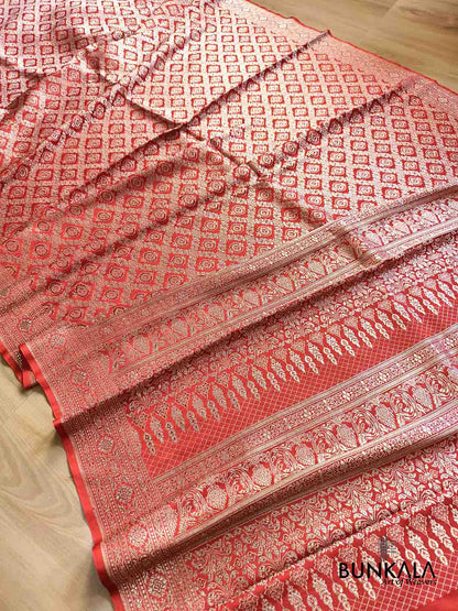 Rust Red Vintage Pattern All Over Jaal Brocade Weaved Banarasi Mashru Silk Saree