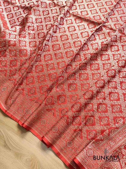 Rust Red Vintage Pattern All Over Jaal Brocade Weaved Banarasi Mashru Silk Saree